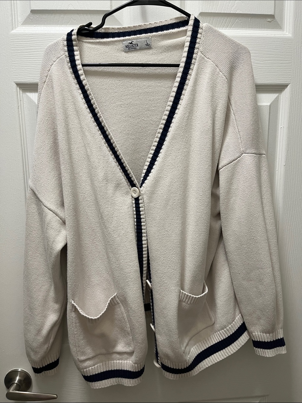 Hollister Cream Crewneck Sweater with Navy Stripe